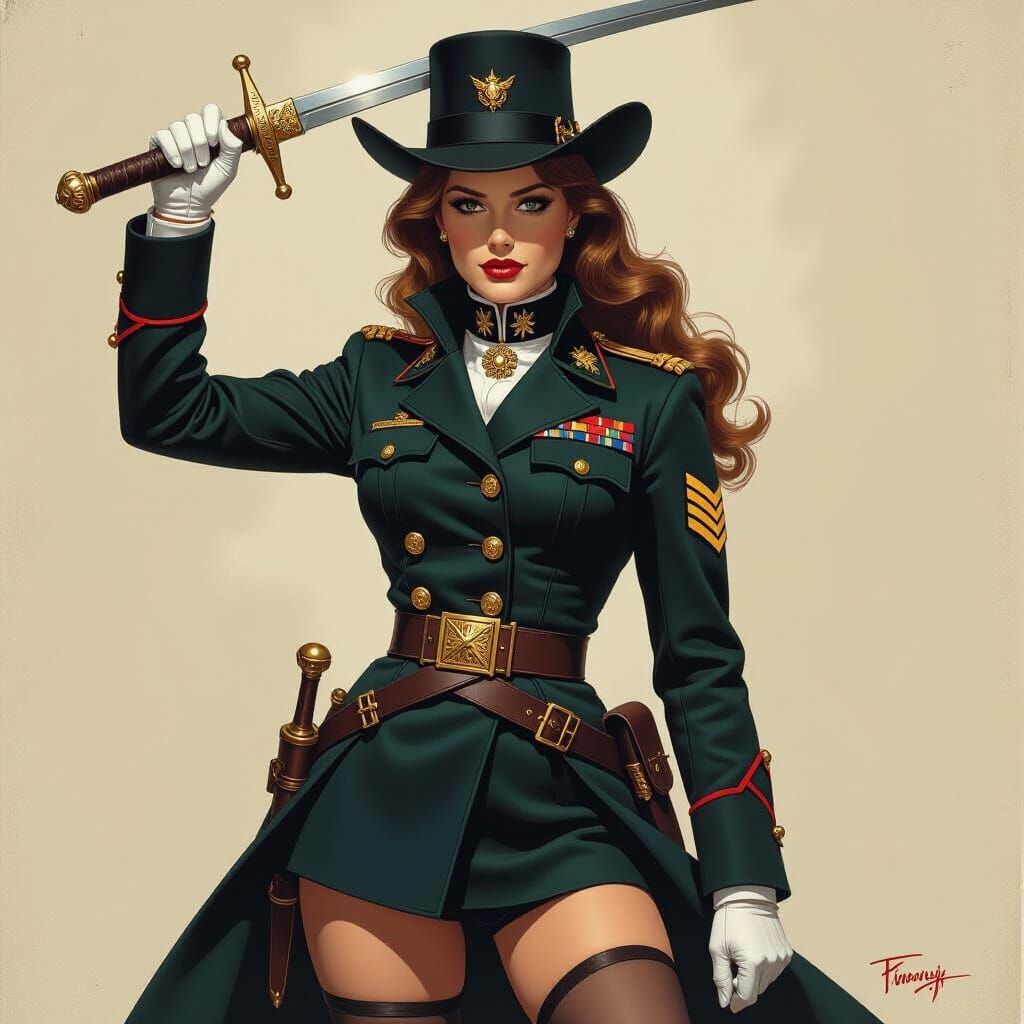 Female Soldier Raises Saber in Fantasy Oil Painting Style