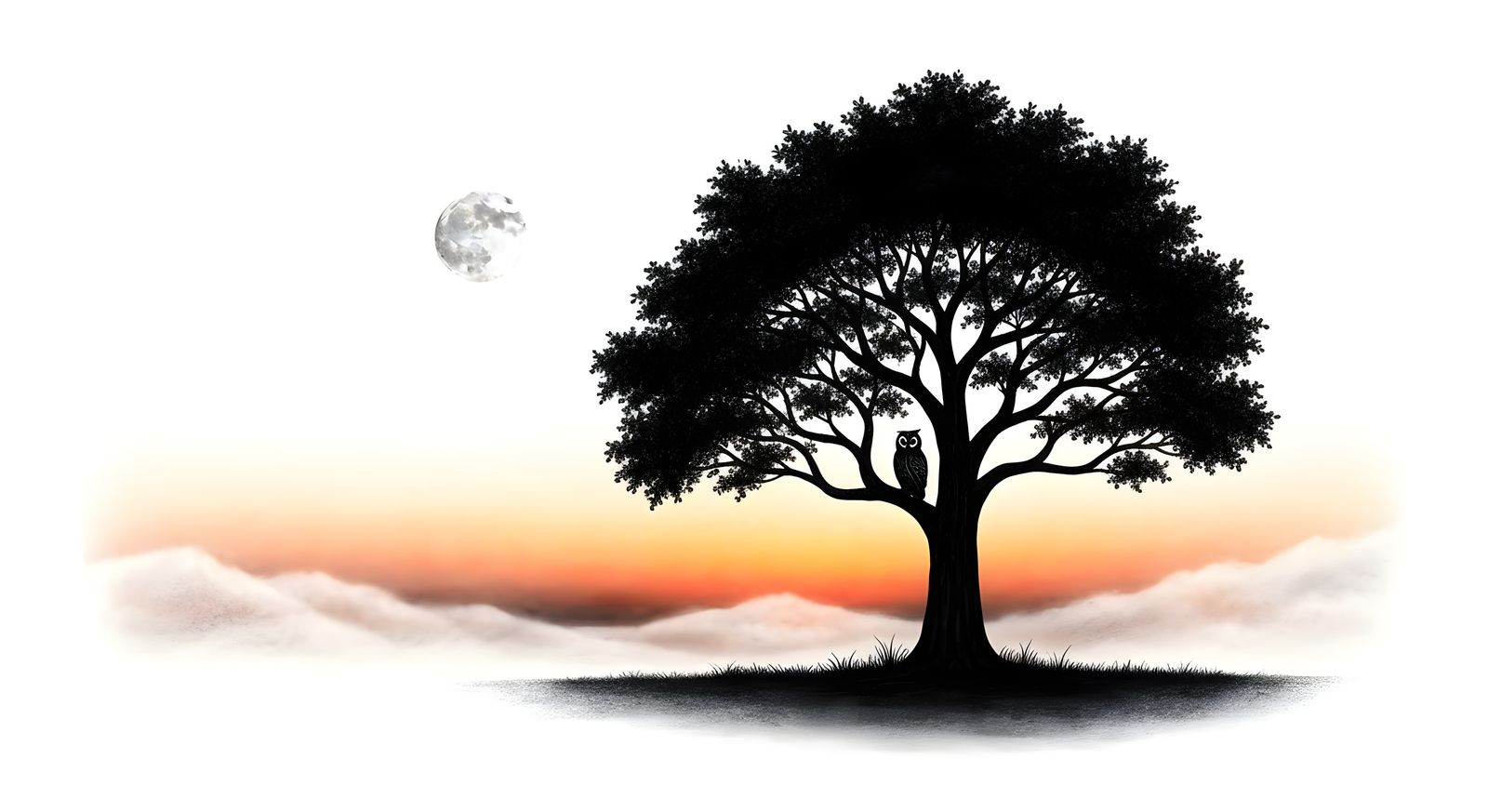 Charcoal Drawing of Owl in Tree Silhouette at Sunset