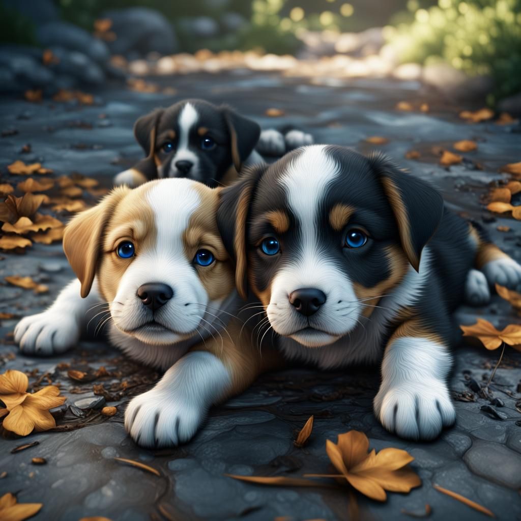 Realistic Puppies in Detailed Matte Painting Style