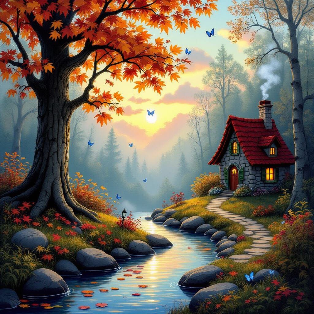 Magical Autumn Forest at Sunset with Butterflies