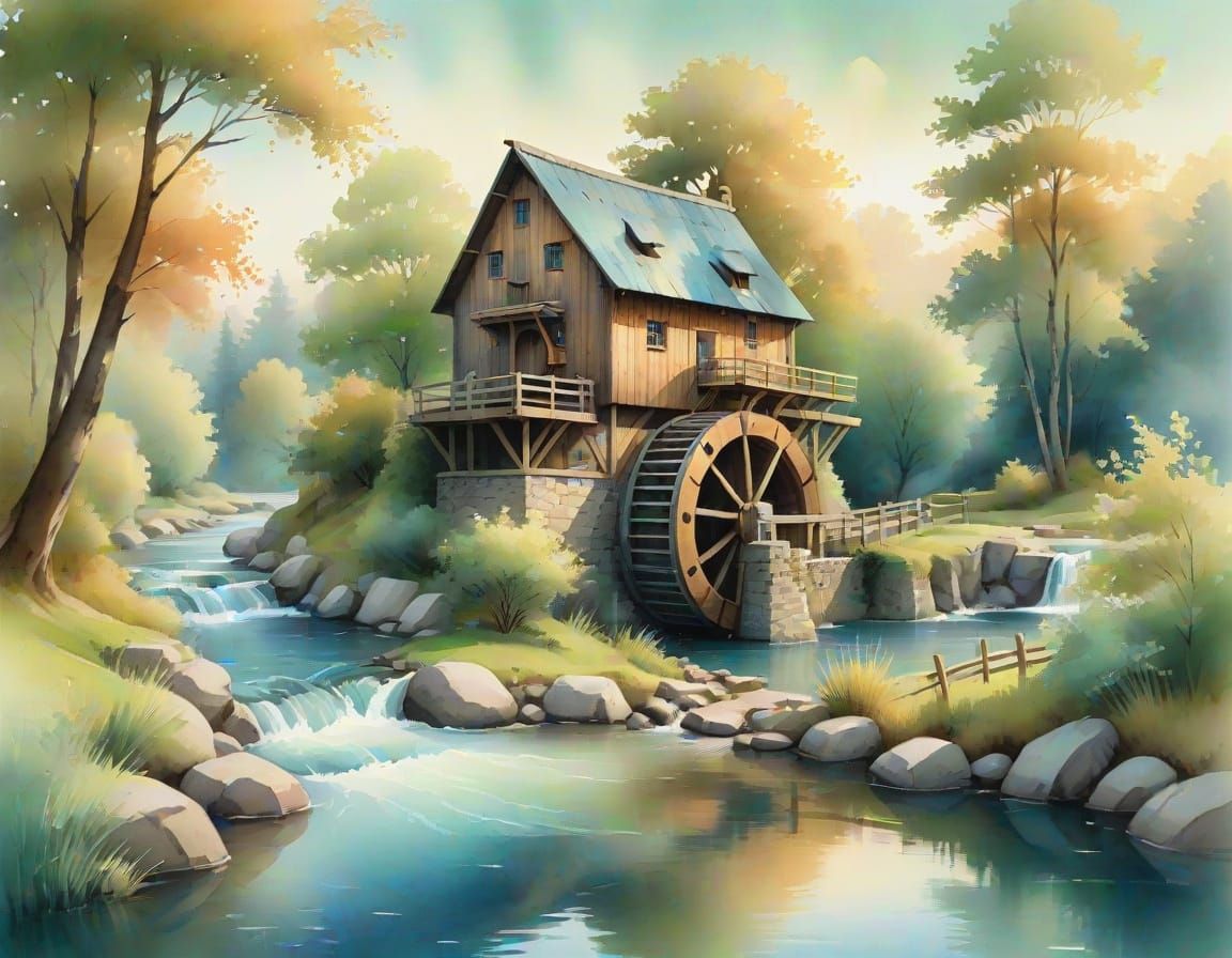 Dreamy Watermill Landscape in Whimsical Watercolor Style