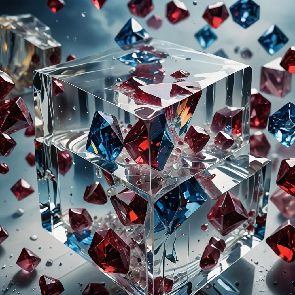 Crystal Shards Bursting From Glass Cube: Surreal Macro