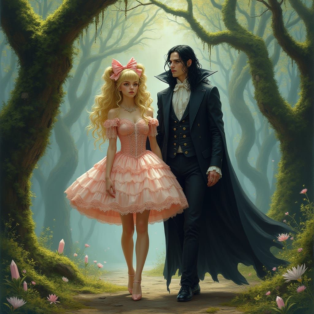 Elegant Vampire King Strolls with Frightened Ballerina throu...