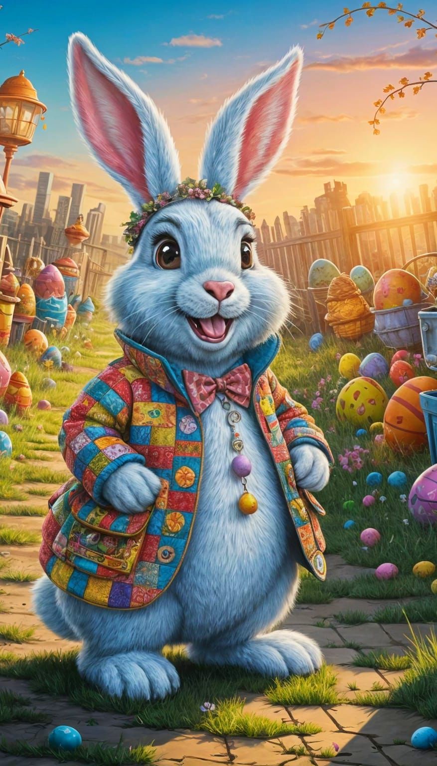 Vibrant Easter Bunny in Whimsical Junkyard Garden