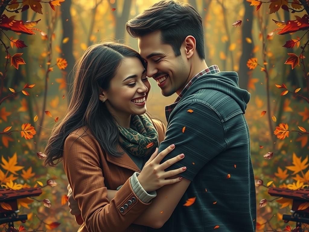 Couple's Joyful Embrace in Autumn Fantasy Landscape