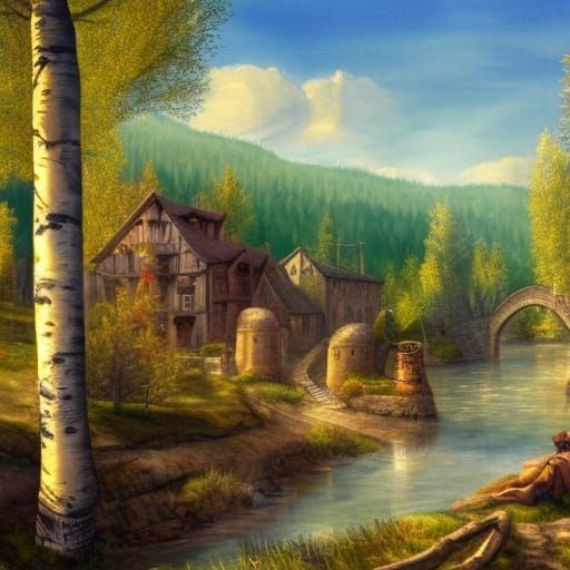 Medieval Village in Aspen Forest: Watercolor Art