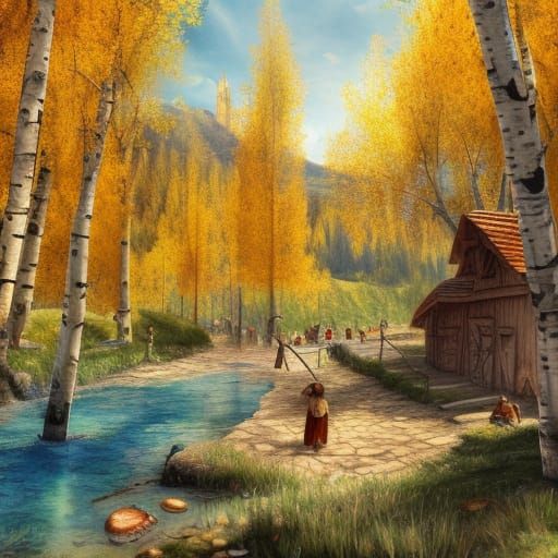 Medieval Village in Spring Sunlight: Watercolor Painting