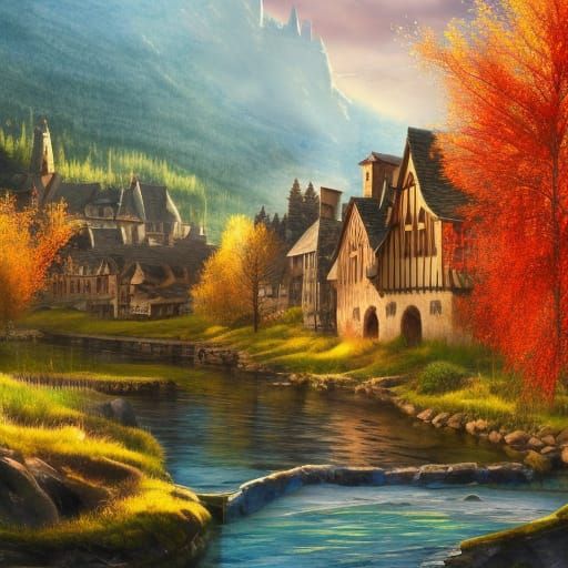 Medieval Village in Spring Sunlight, Watercolor Painting