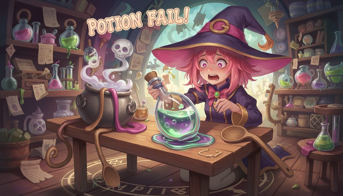 Anime Magician Scared by Melting Potion and Tools