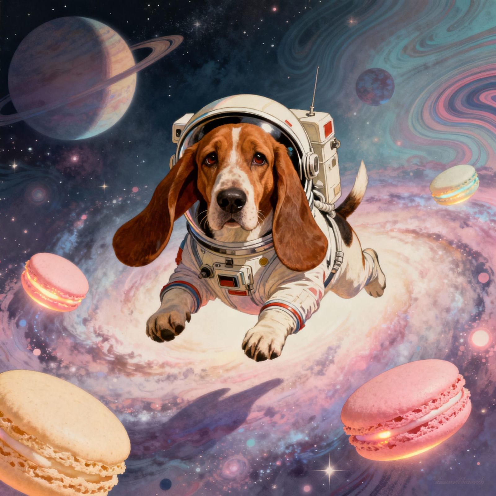 Basset Hound Astronaut Floats in Cosmic Macaron Nebula