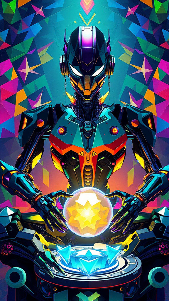 Robotic Fortune Teller with Crystal Ball in Neo-Cubist Style