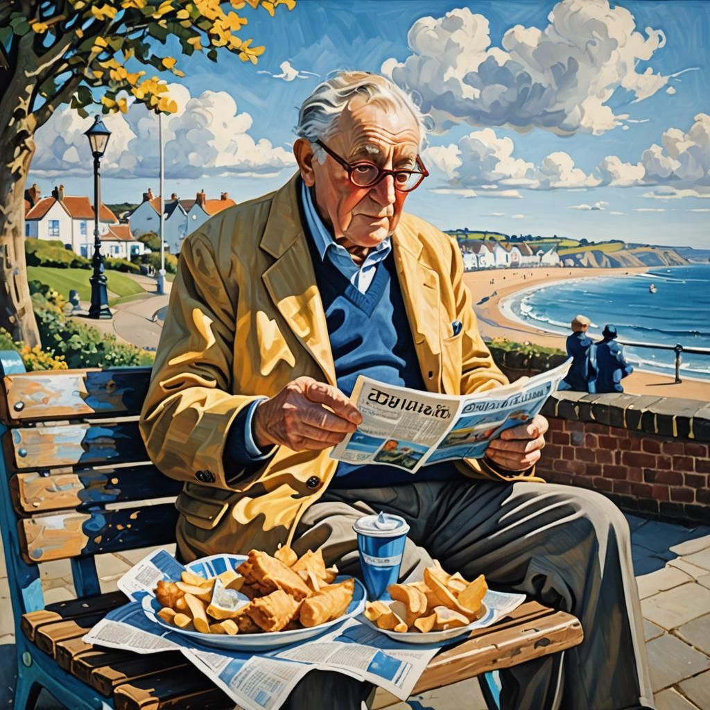 British Realism: Elderly Man with Fish and Chips