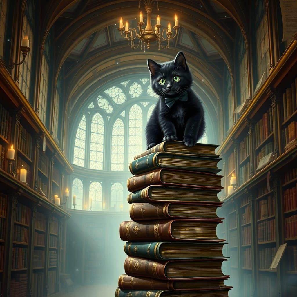 Kitten in Library with Floating Candles