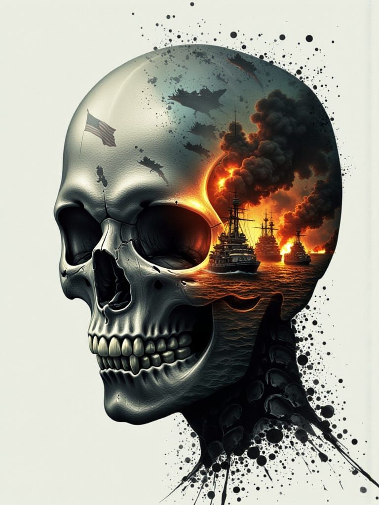 Skull with Pearl Harbor Battle, Digital Art