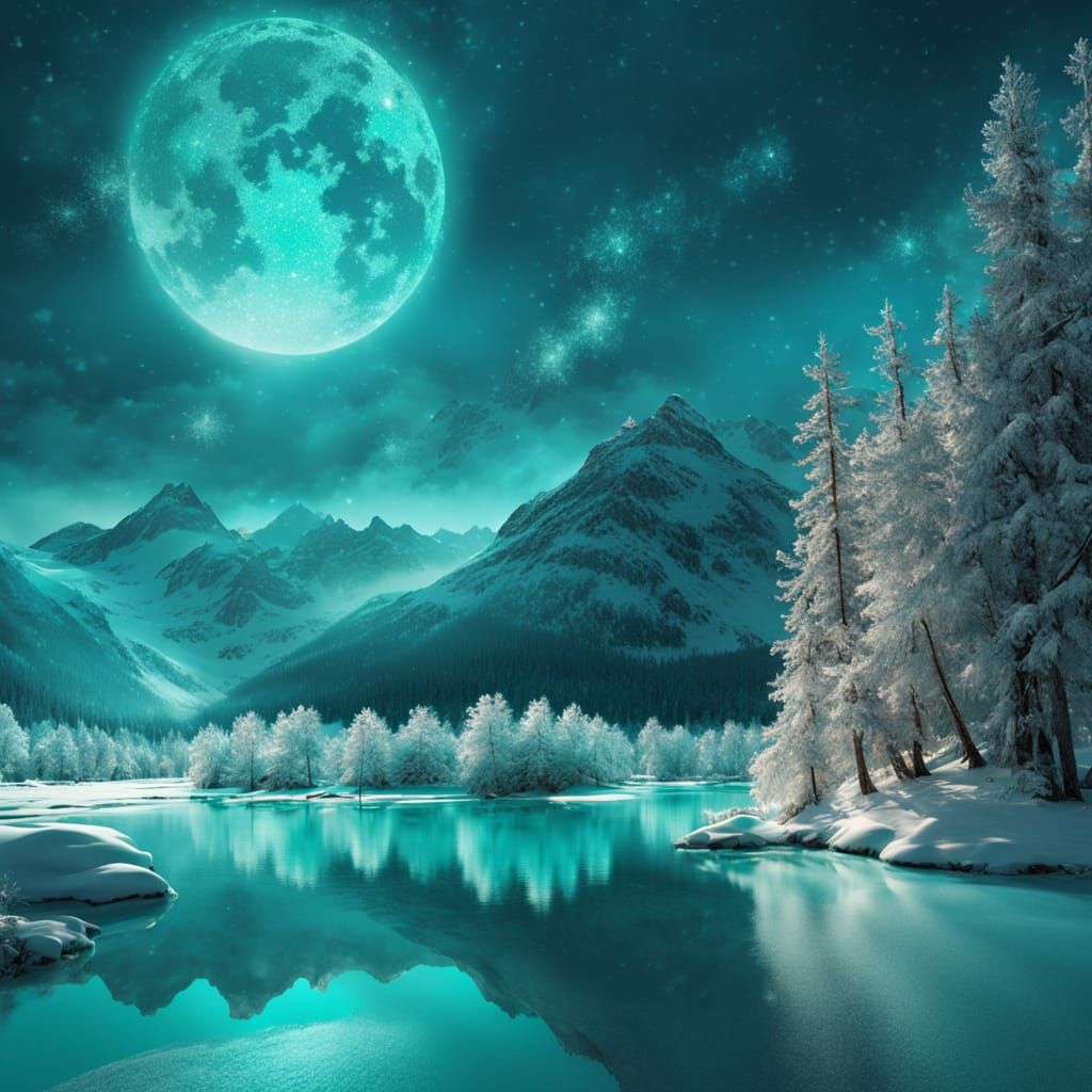 A breathtaking winter landscape illuminated by a dreamy turq...