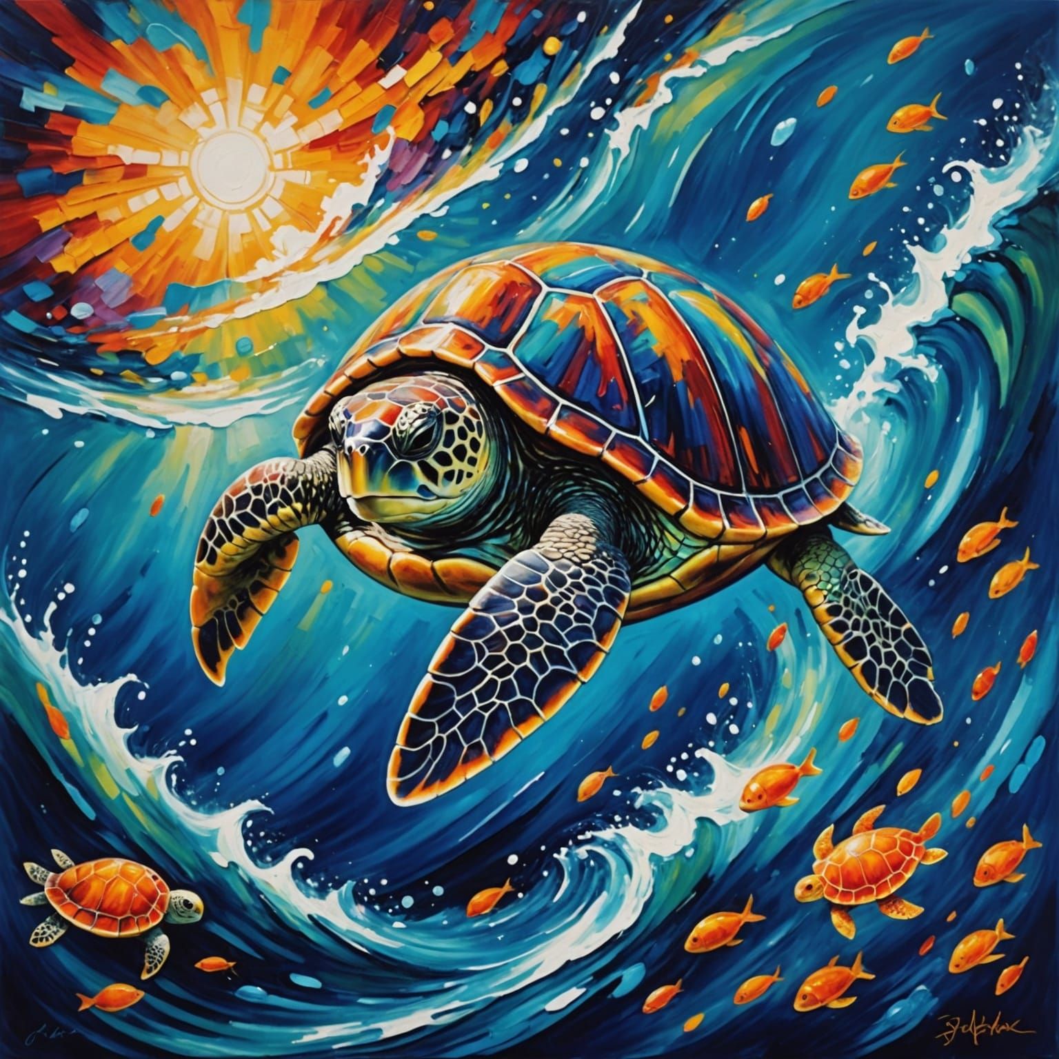 Vibrant Deep Sea Turtle in Neo-Impressionist Style