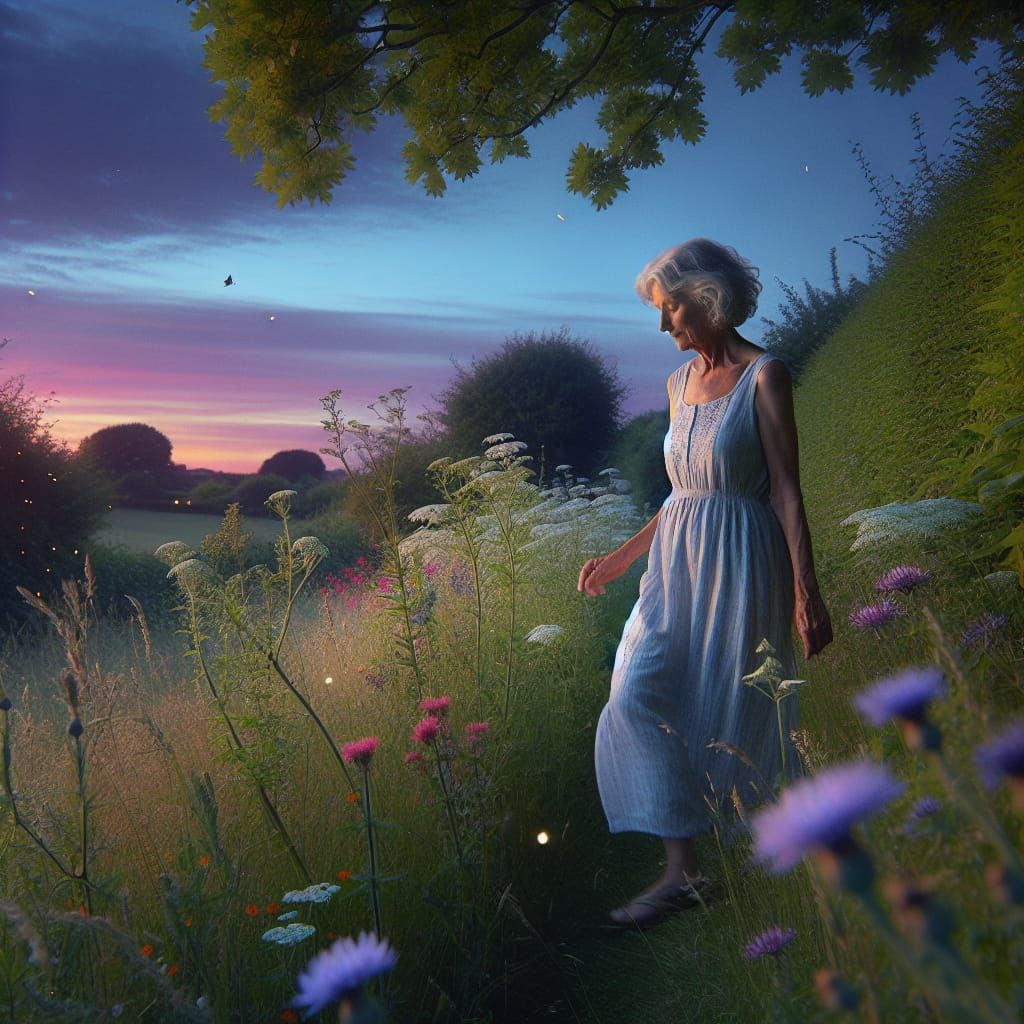 Elderly Woman's Evening Stroll Through English Hedgerow