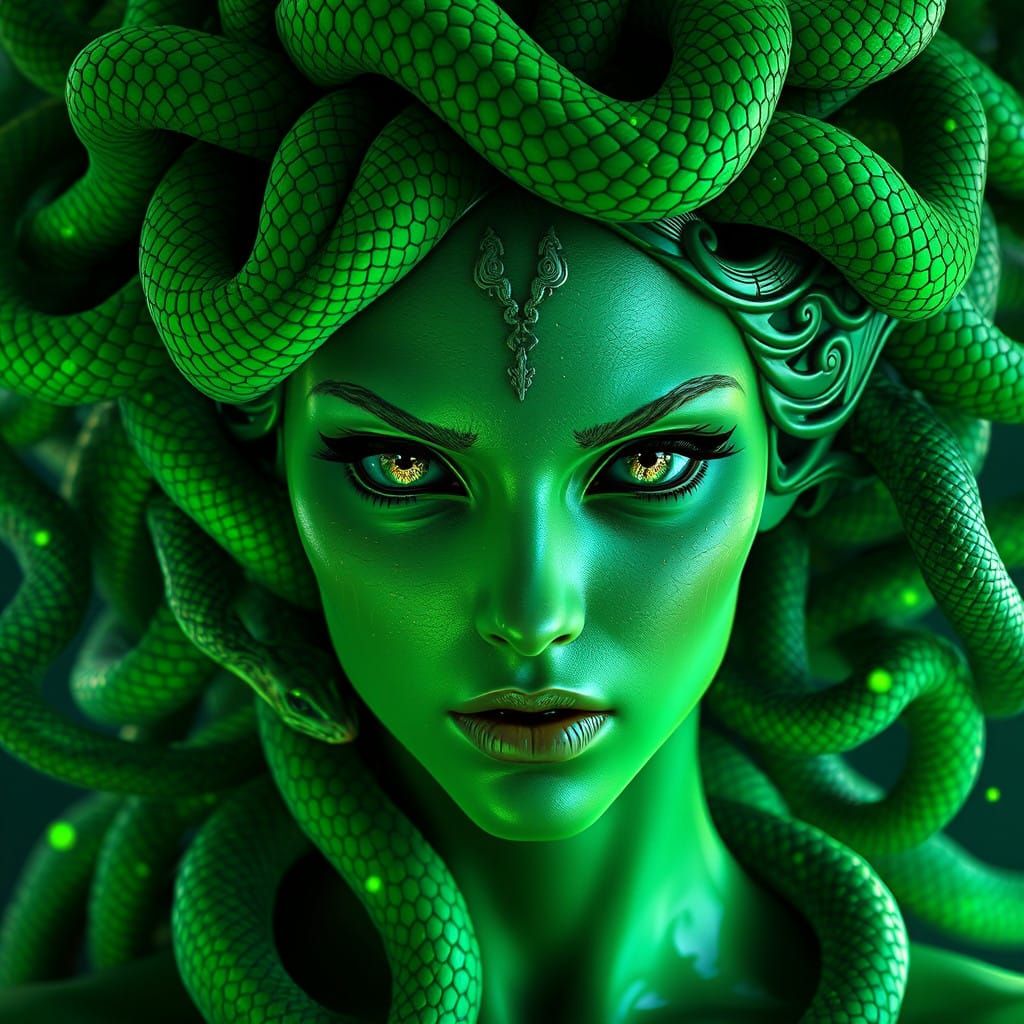 Hyper-Realistic Medusa Portrait in Vibrant Green and Gold