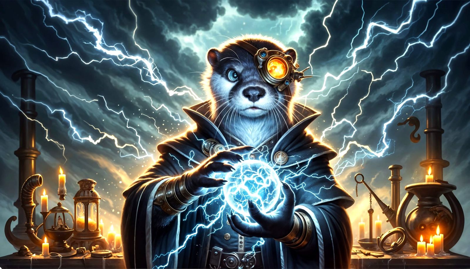 Steampunk Otter Wizard Casting Electric Spell