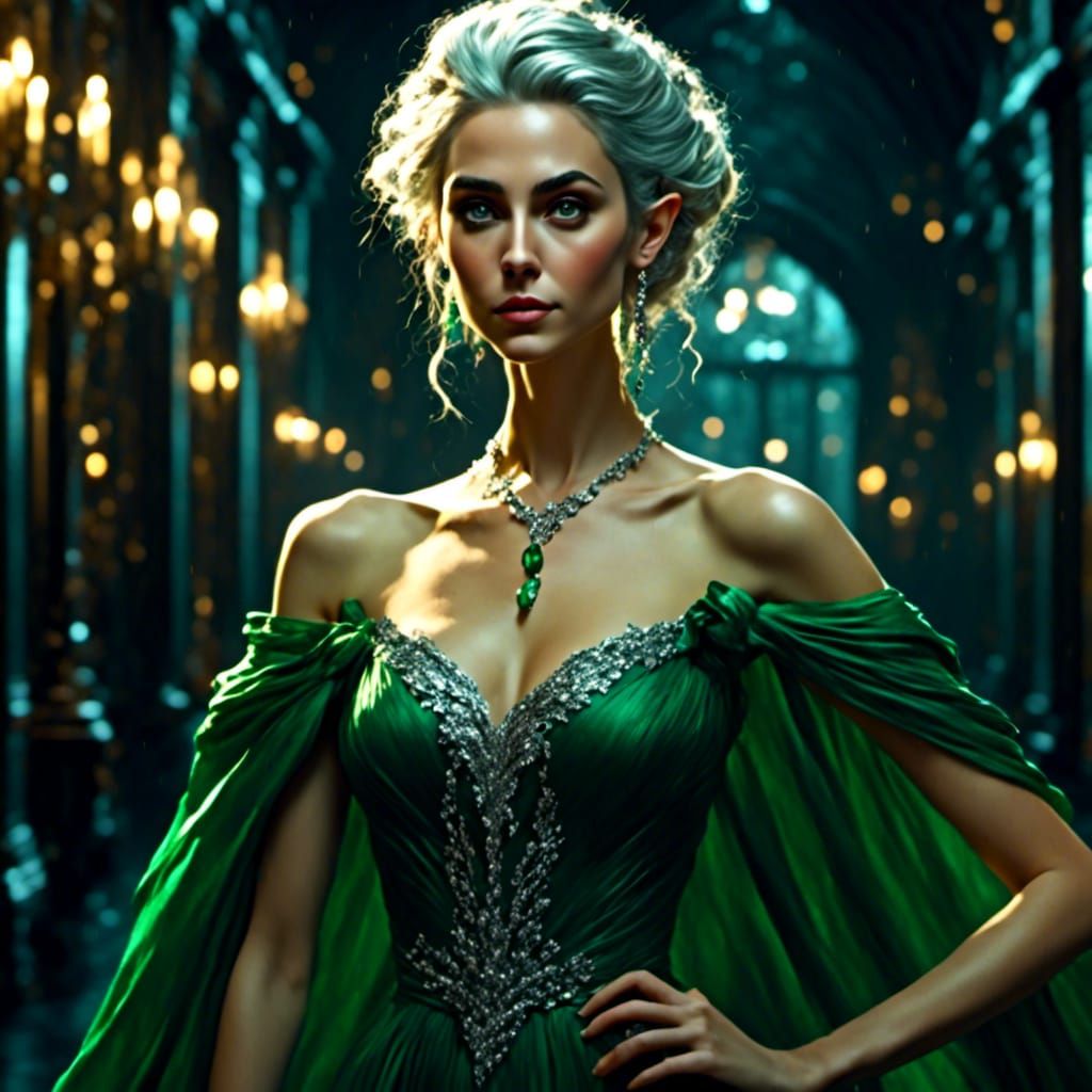 Elegant Elf in Green Gown Oil Portrait