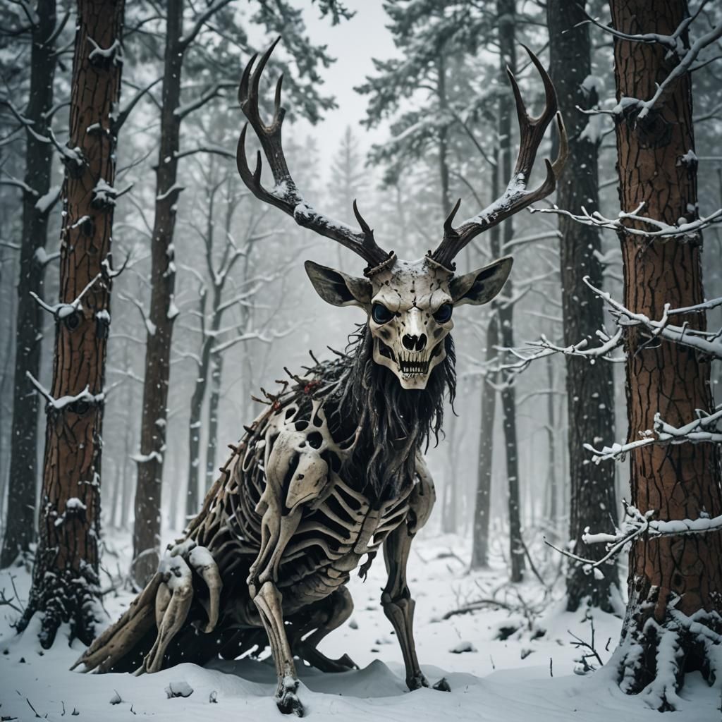 Eerie Wendigo Cryptid in Snowy Forest Blizzard