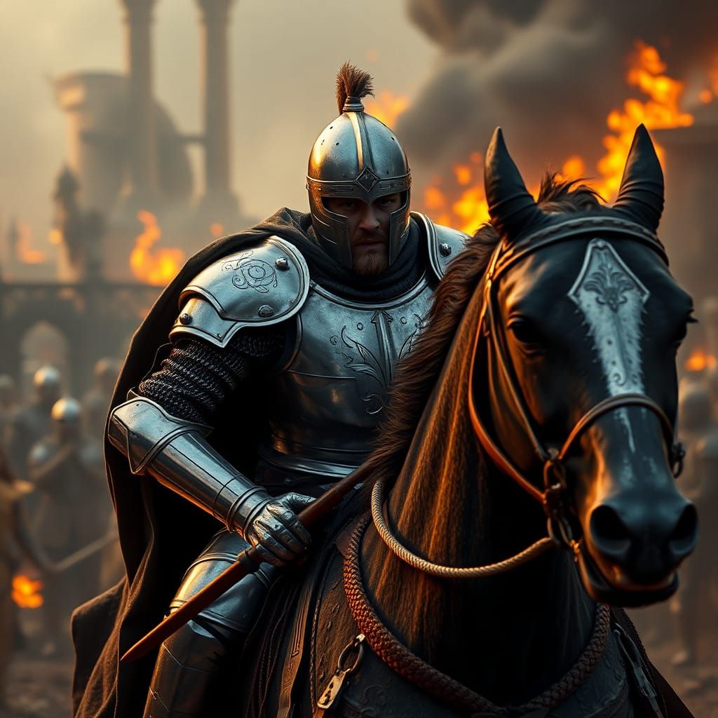 Gallant Knight Charges Through Burning Cityscape