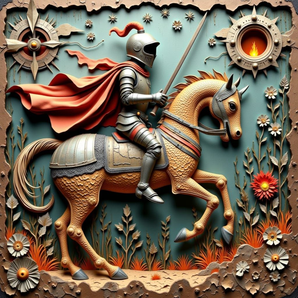 Medieval Knight Battles Fiery Dragon in Whimsical Papercut A...