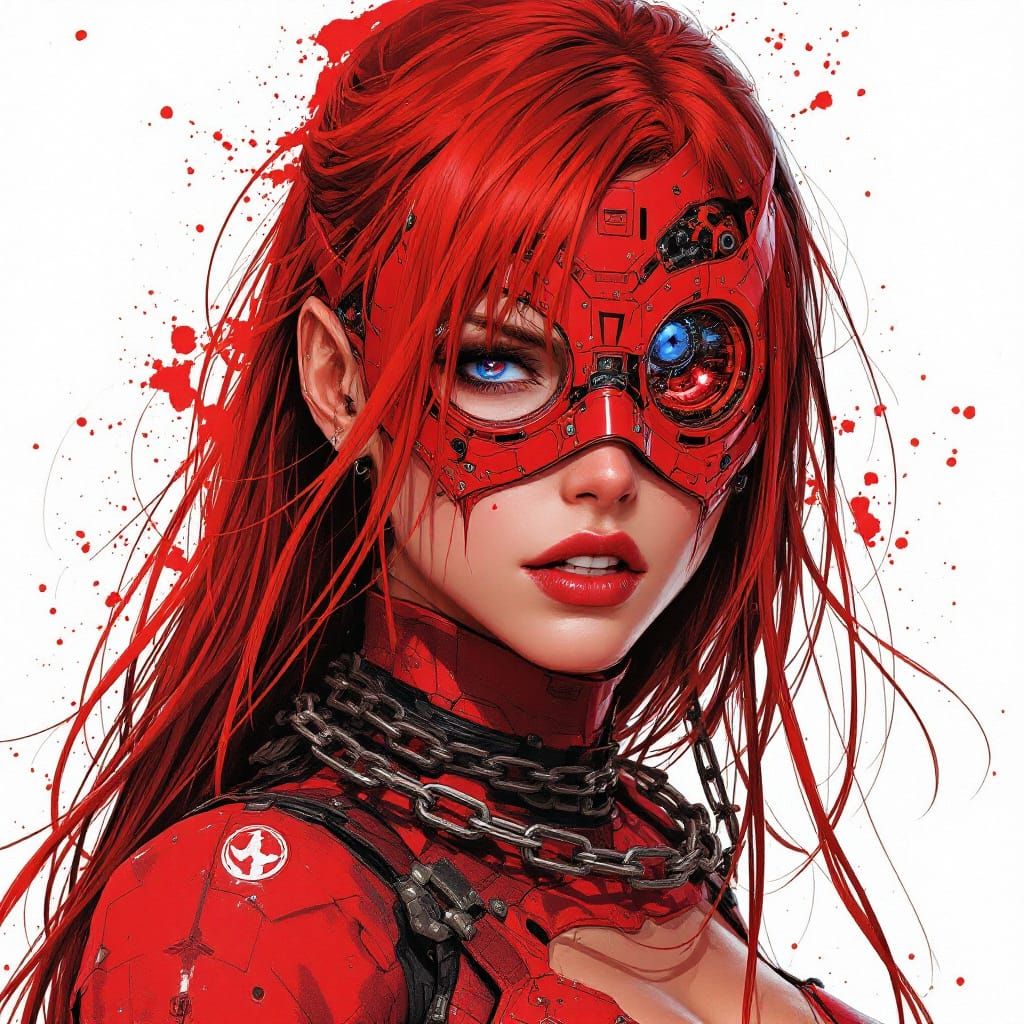 Cyberpunk Warrior Woman with Red Suit and Mask