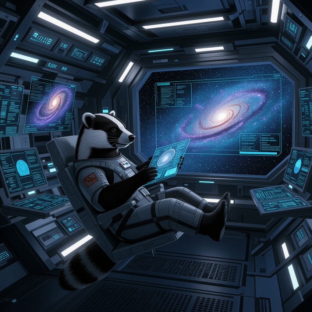 Astronaut Badger Navigating Holographic Galaxies