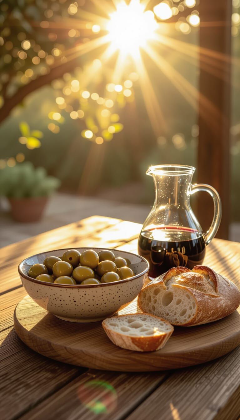 Sunlit Rustic Mediterranean Table with Olives, Bread, and Wi...