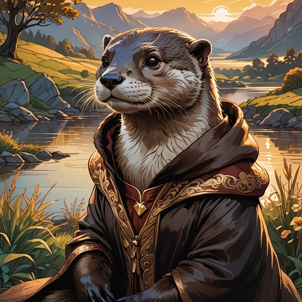 Otter Portrait in Comic Book Style with Velvet Cloak