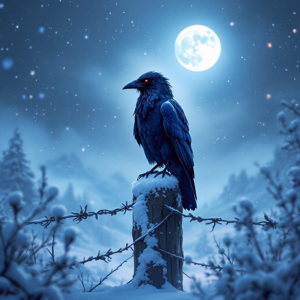 Winter Crow Amidst Frosty Landscape Under Celestial Moonligh...
