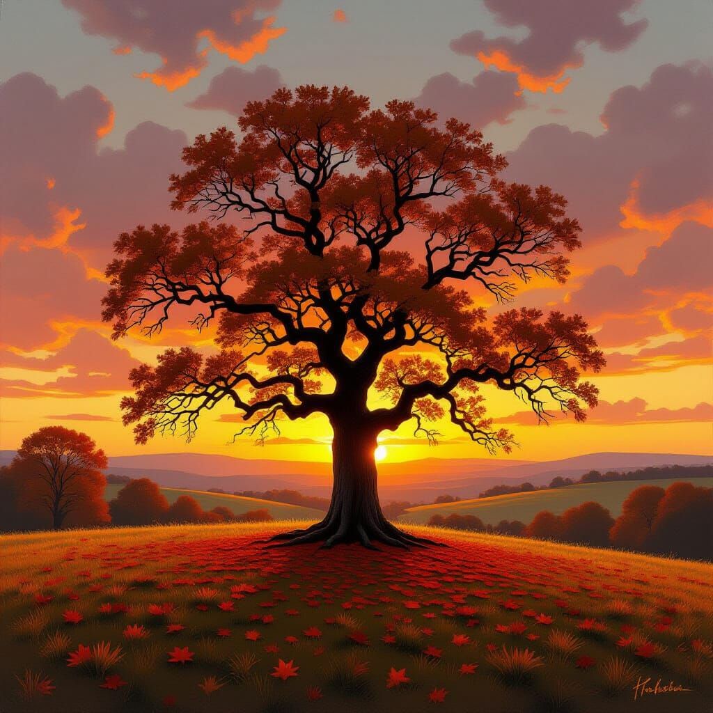 Ancient Oak Tree Silhouetted Against Vibrant Sunset