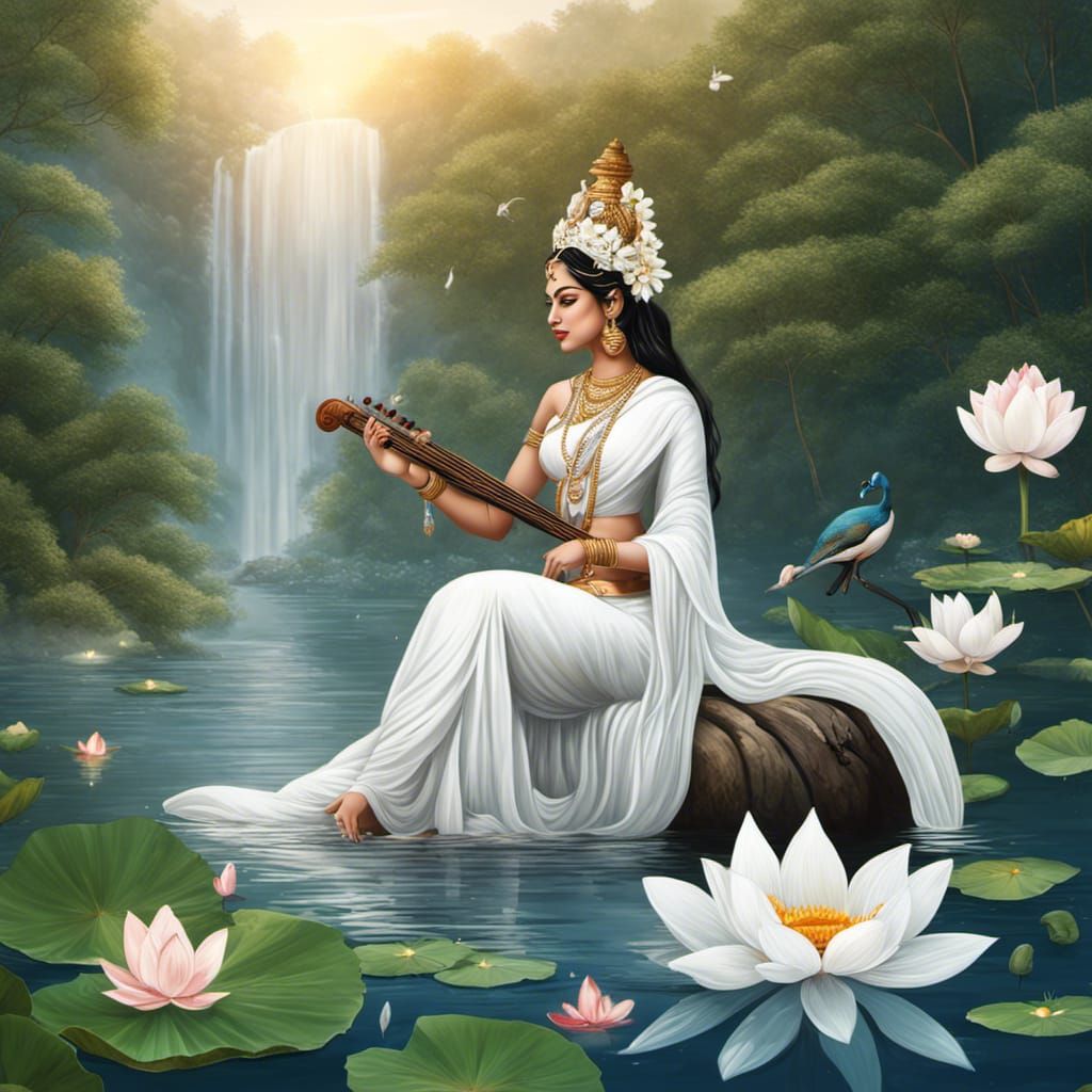 Goddess Saraswati on Lotus in Lake Scenery