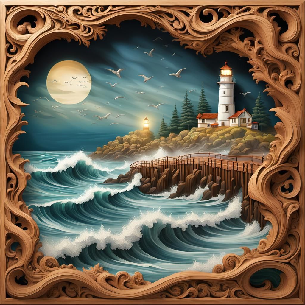 A wood carving adorns an image of a lush beach