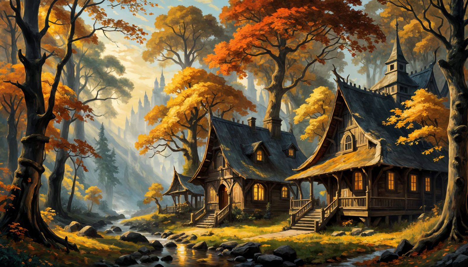 Elven Settlement in Autumn Forest Oil Painting