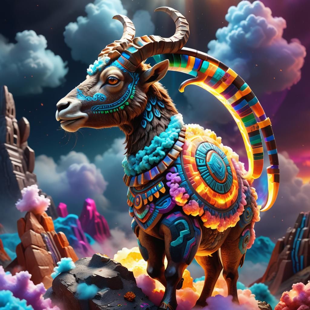 Majestic Ibex on Aztec Geode in 3D Digital Art