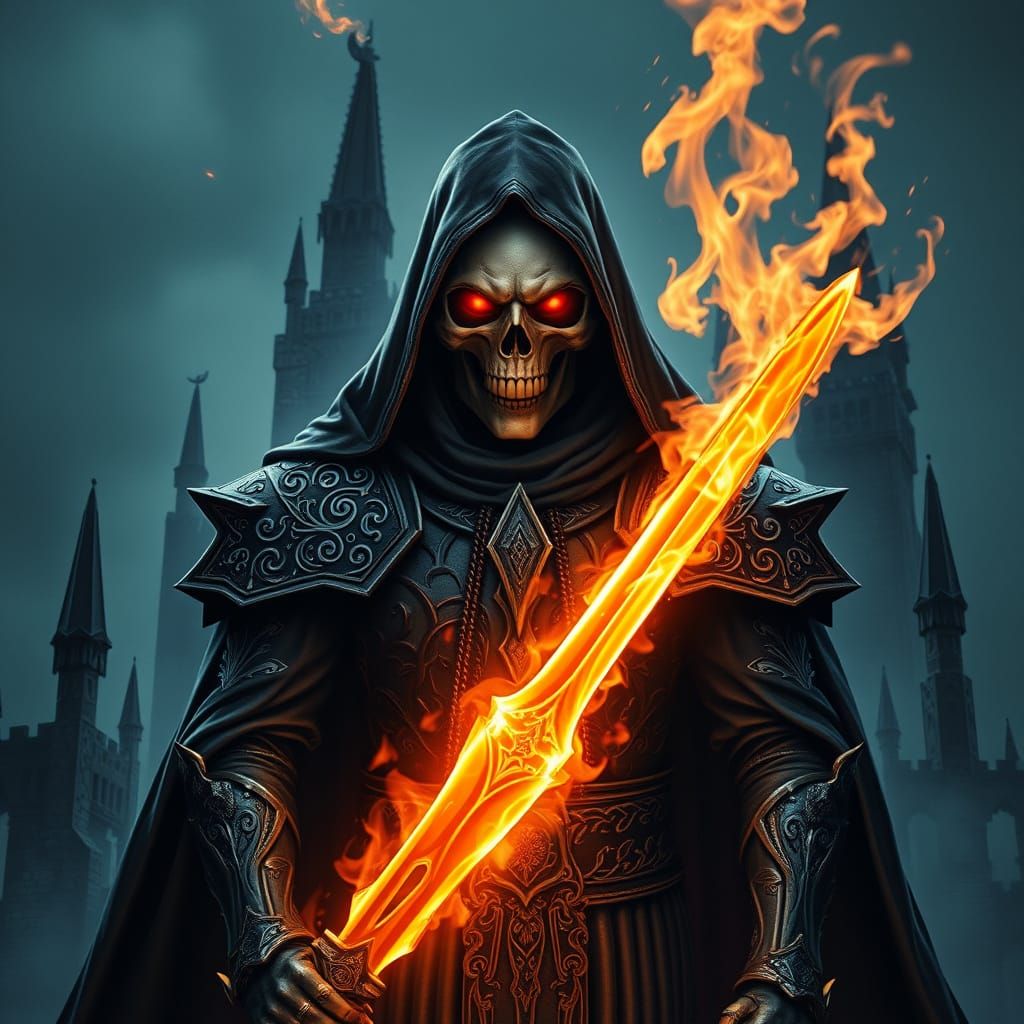 Dark Lord with Glowing Red Eyes Wields Fiery Sword in Ominou...
