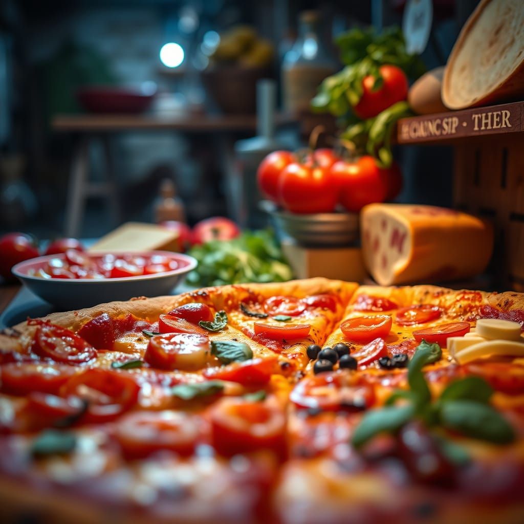 Vibrant Pizza Land Scene in Photorealistic Style