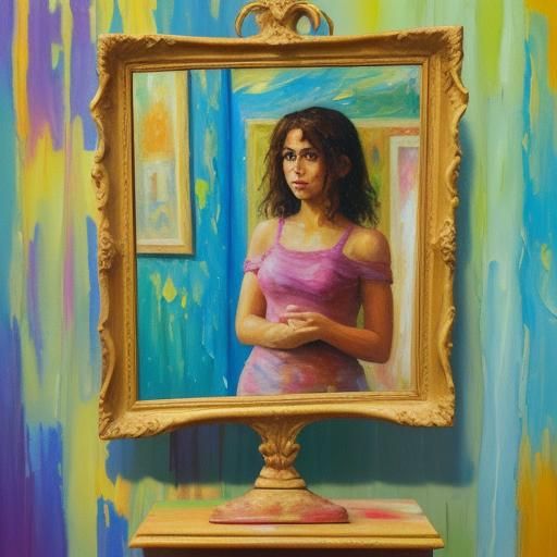 Expressive Face in Mirror: Neo-Impressionist Oil Painting