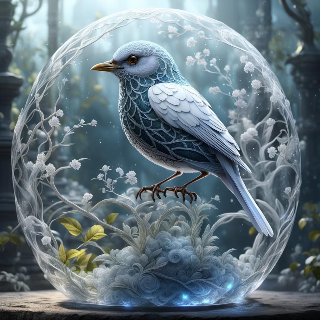 Glass Bird with White Mist, Detailed Matte Painting