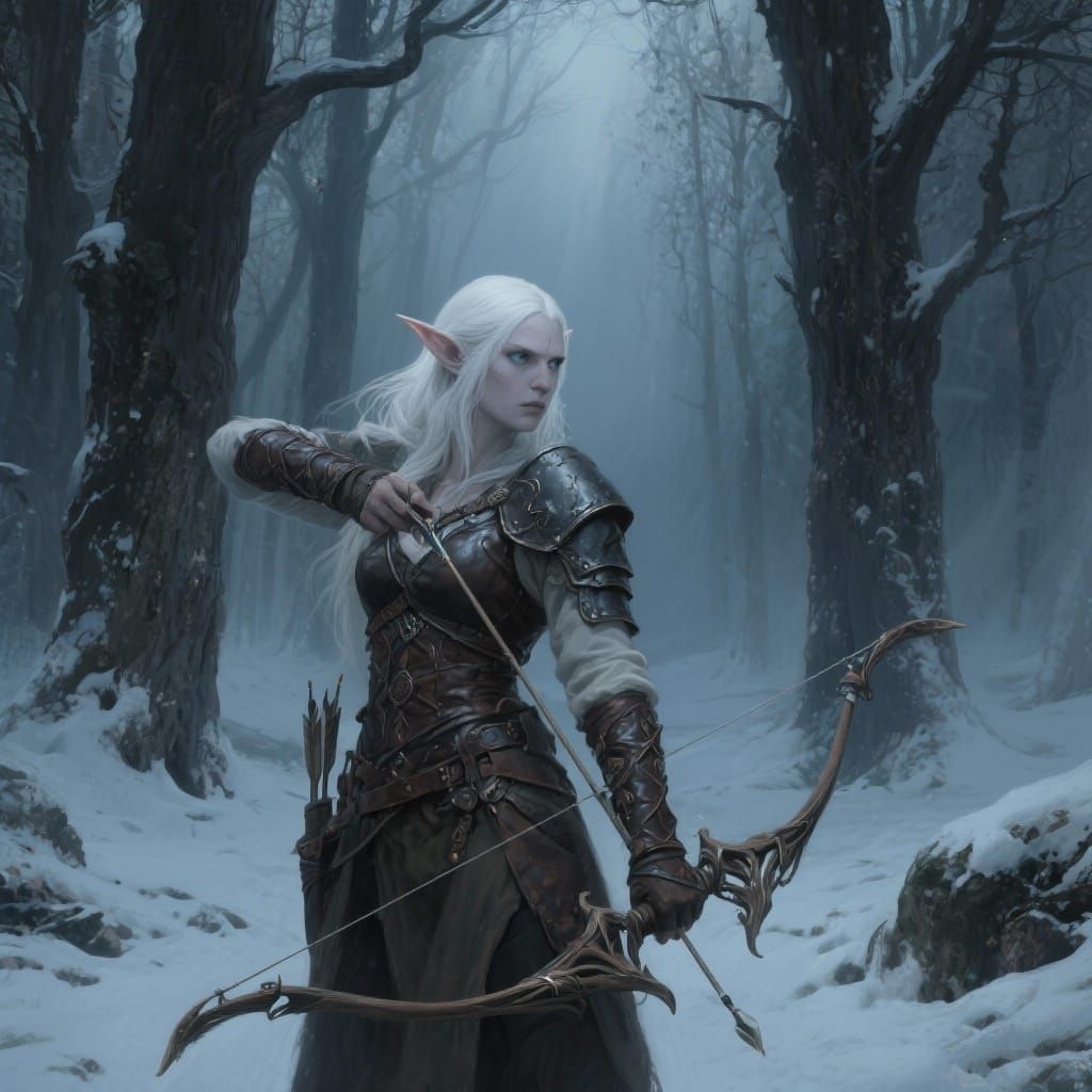 Albino Elf Huntress in Snowy Forest, Digital Matte Painting