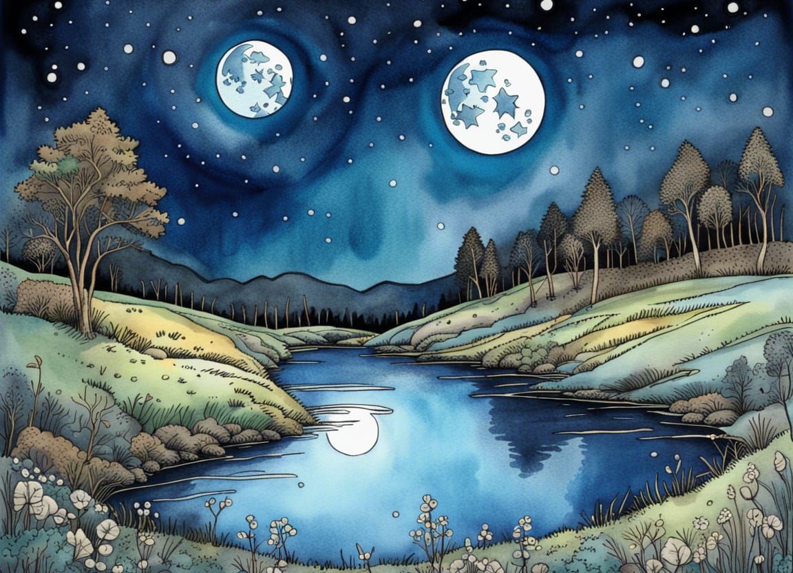 Blue Moon Over Appalachian Mountains in Southern Gothic Styl...