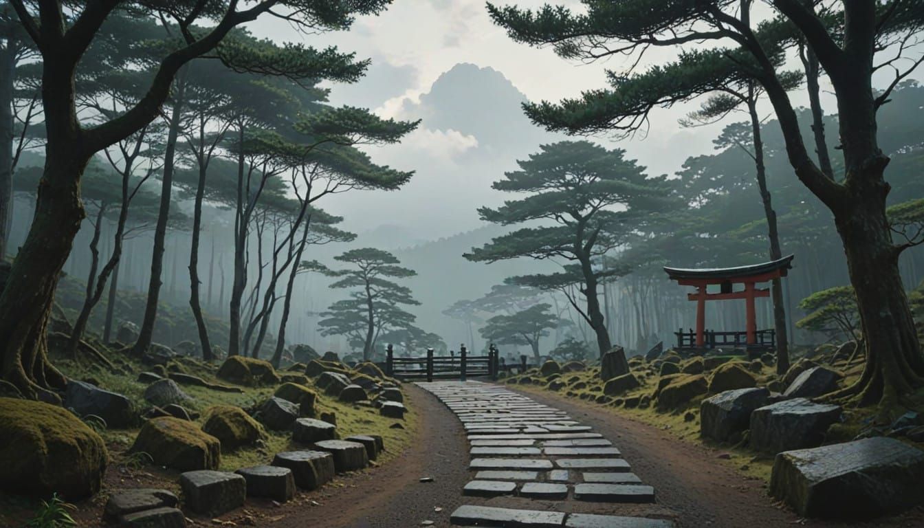 Misty Mountain Landscape in Japanese Dark Anime Style