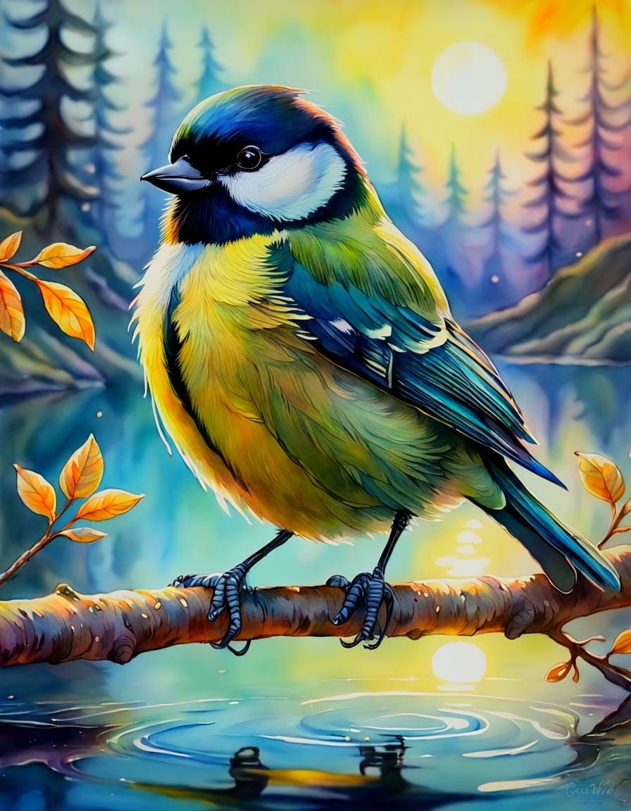 Great Tit Bird at Colorful Sunrise, Watercolor Art