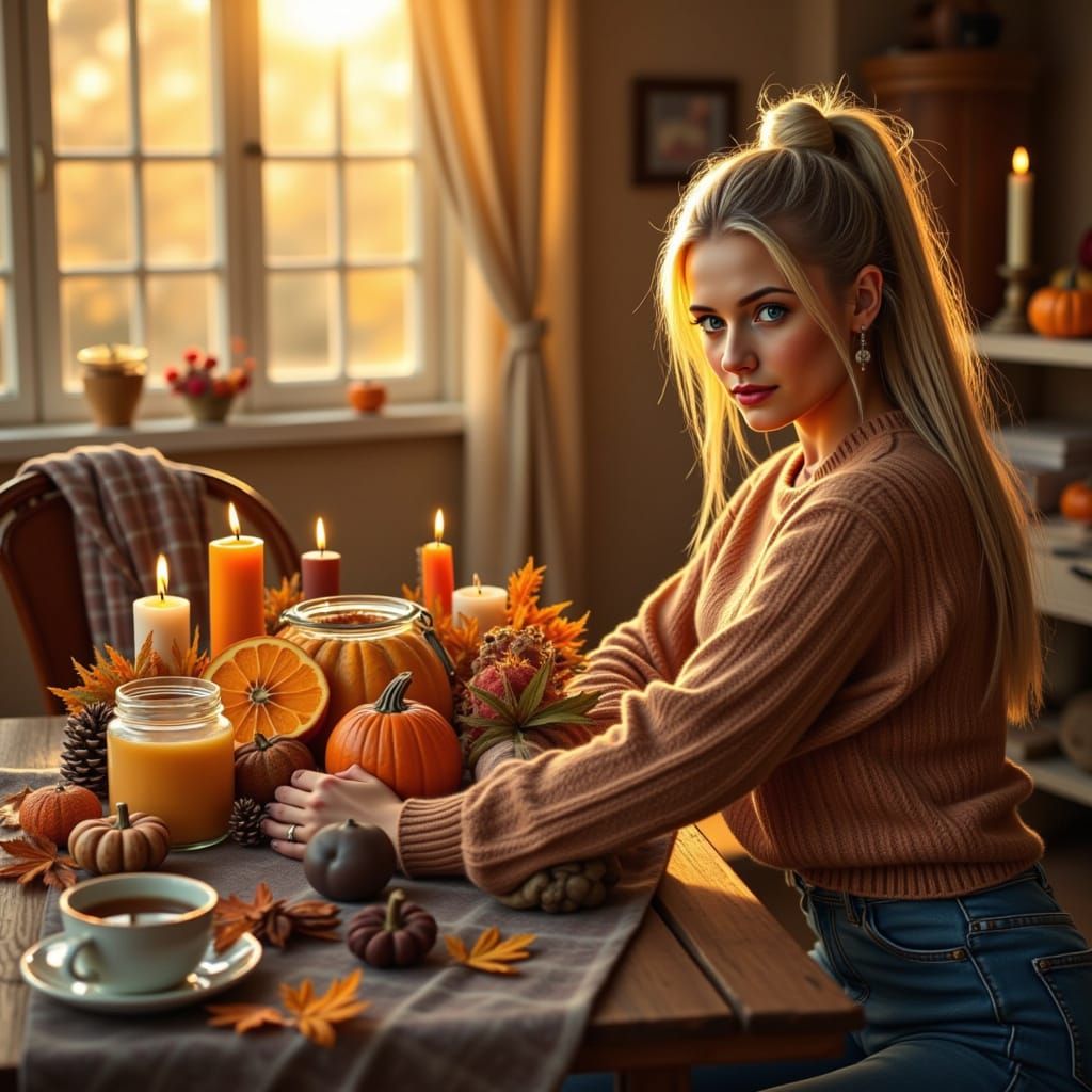 Cozy Autumn Still Life: Woman Arranging Pumpkins
