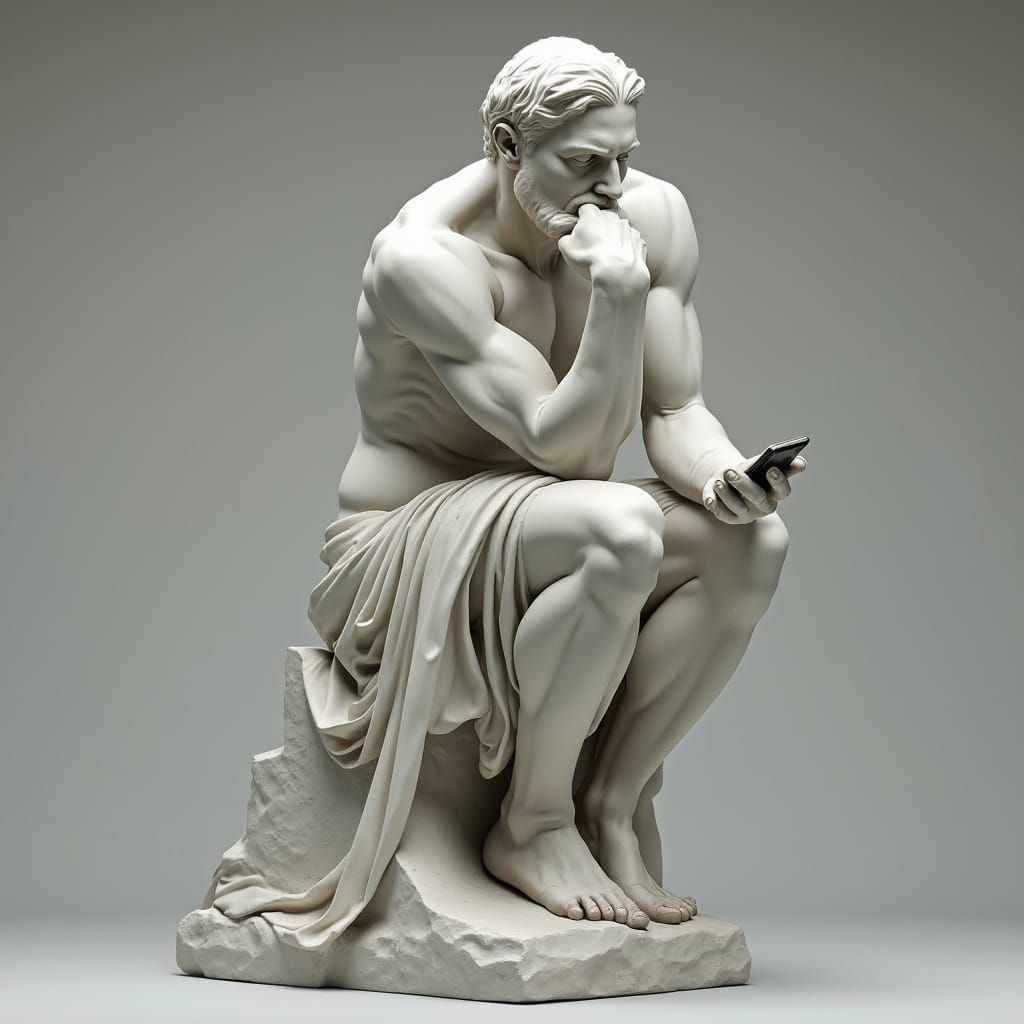 The Thinker with Smartphone, Hyperrealistic Marble Sculpture