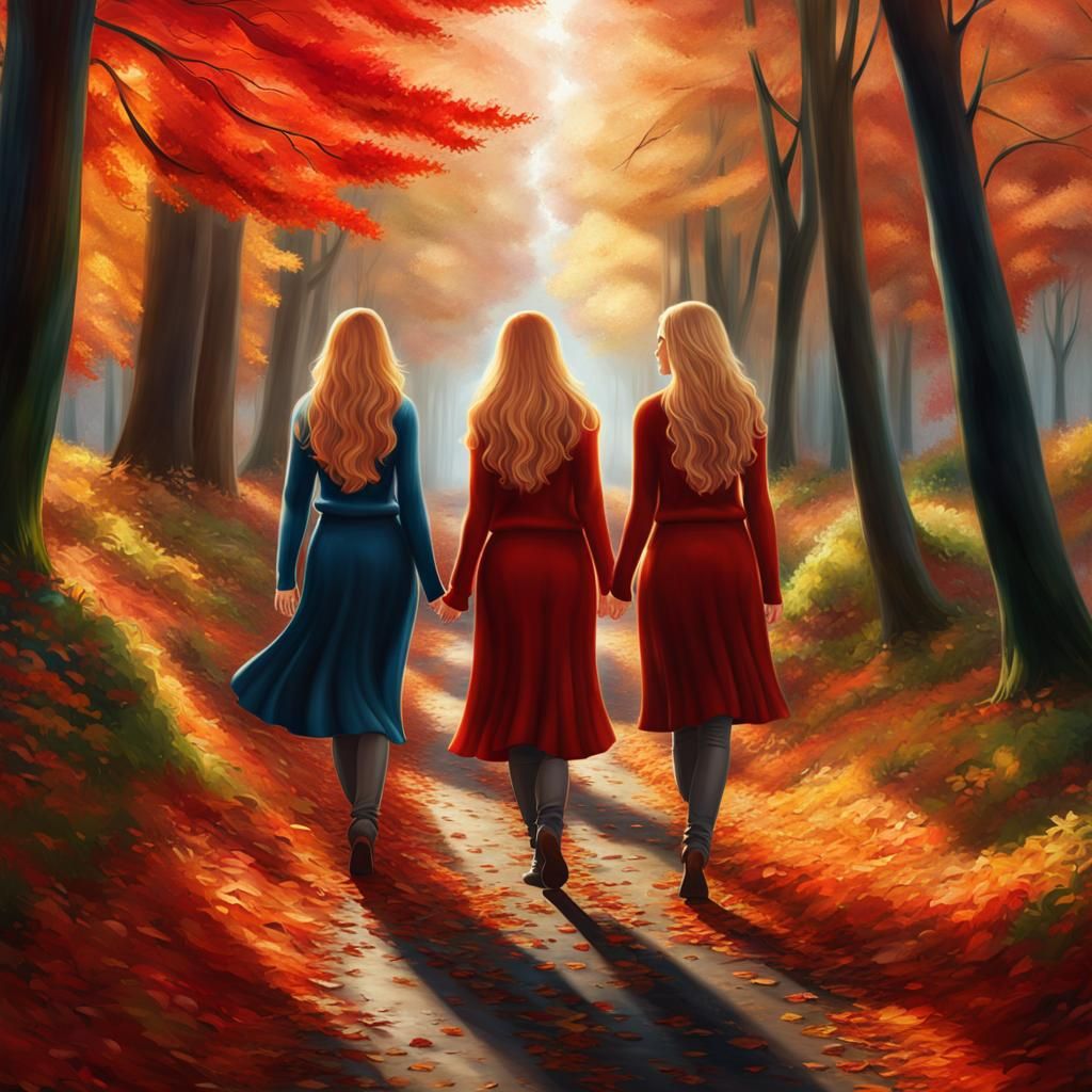 Autumn Forest Walk Airbrush Painting of Two Women