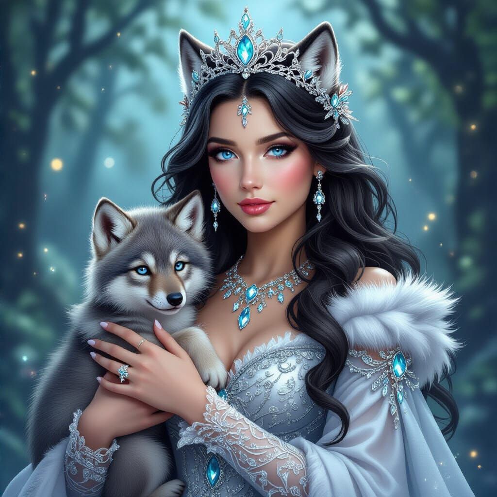 Fantasy Princess with Wolf Cub in Enchanted Forest