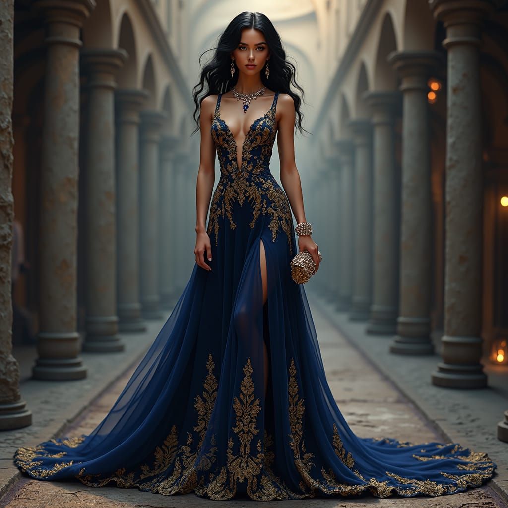 Woman in Lavish Gown with Gold Embroidery, Photorealistic Ar...